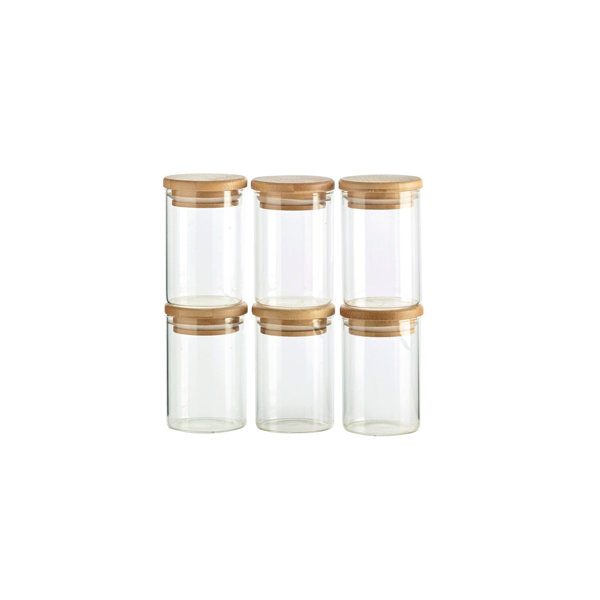 ORNAMI Set of 6 Glass Clear Airtight Spice Jars with Eco-friendly Natural Bamboo  Lid and Round Turntable Bamboo Stand, 100ml