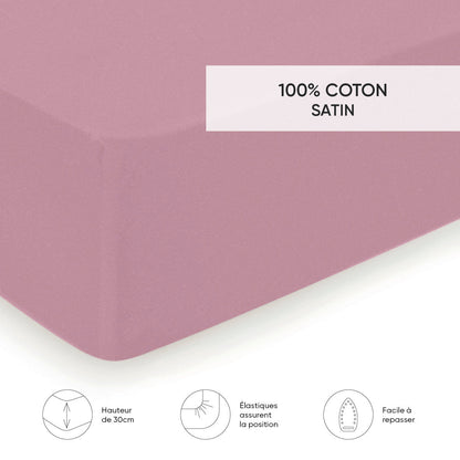 Fitted sheet cotton satin Uni Pink - 80 x 200 x 30 cm