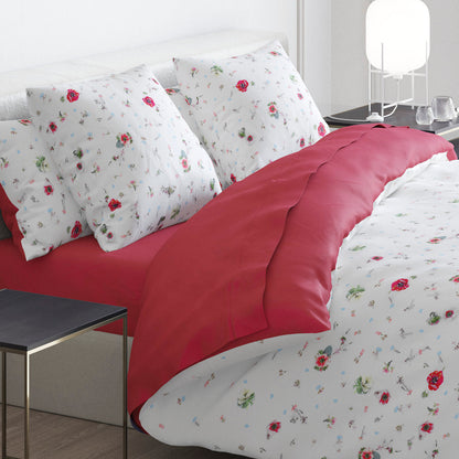 Duvet cover + pillowcase(s) cotton satin - Herbier Solair Floral Raspberry red