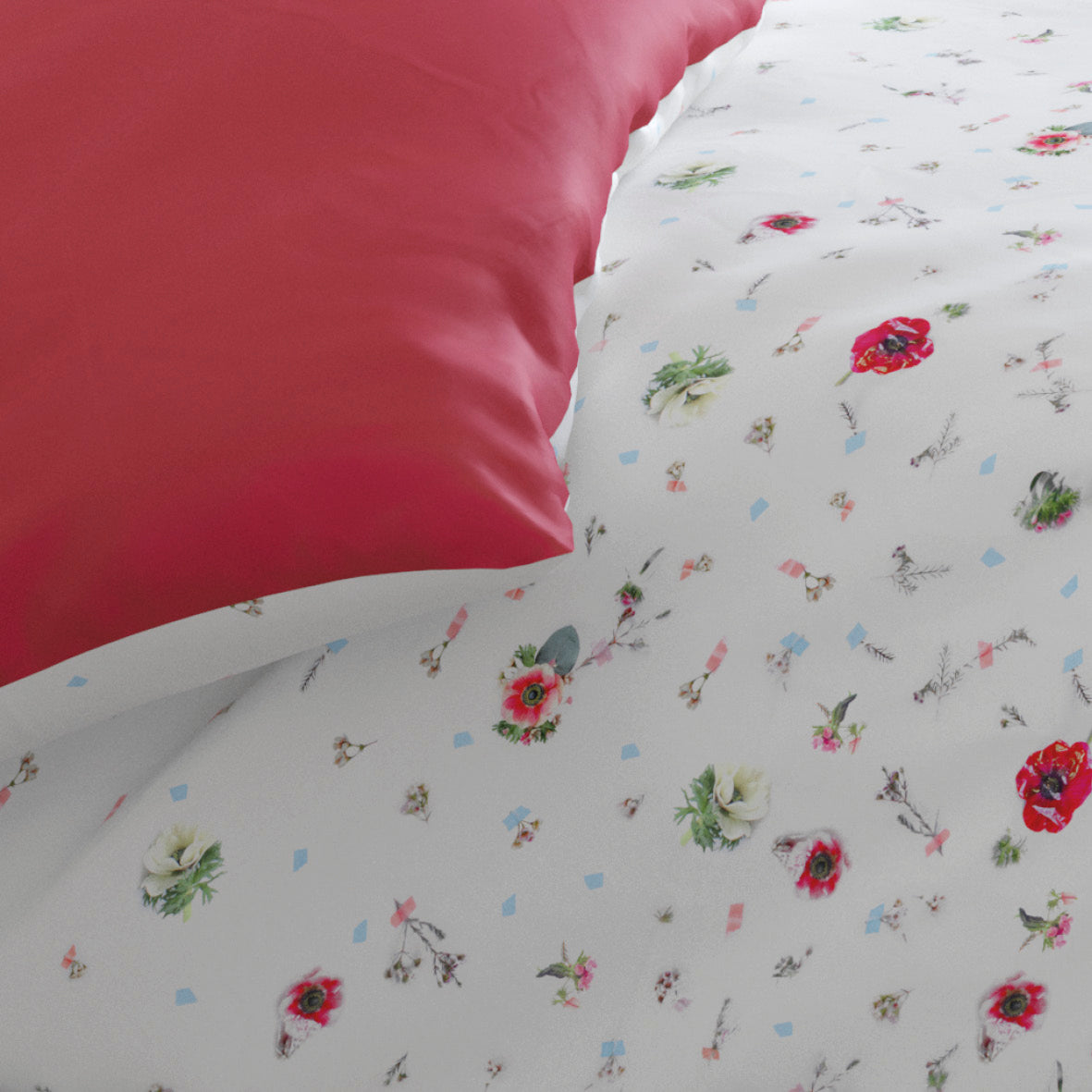 Duvet cover + pillowcase(s) cotton satin - Herbier Solair Floral Raspberry red