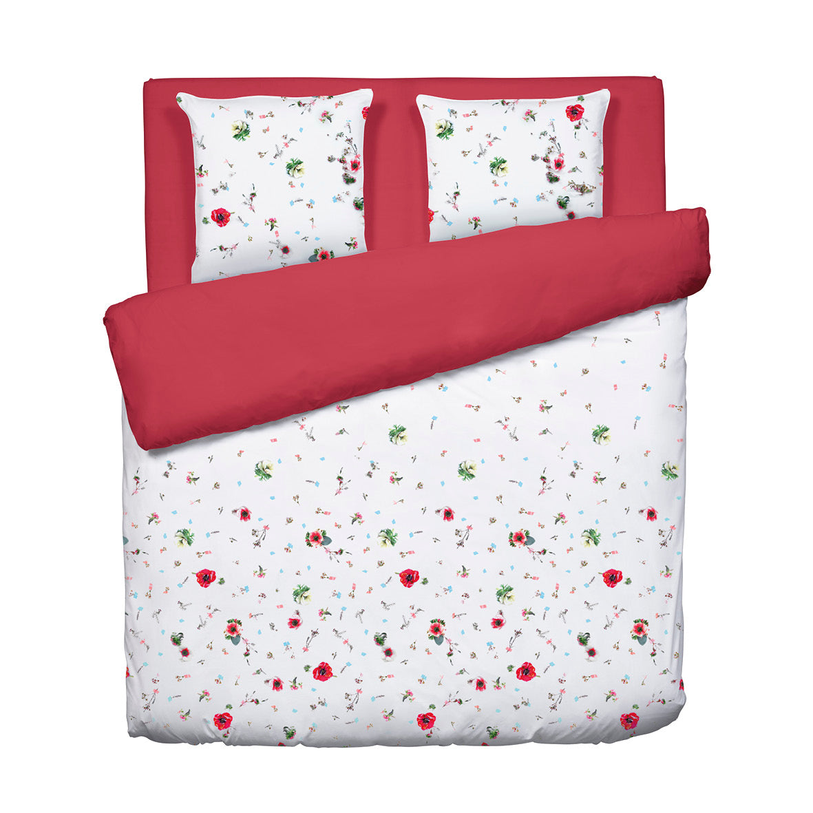 Duvet cover + pillowcase(s) cotton satin - Herbier Solair Floral Raspberry red