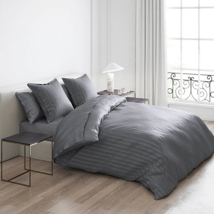 Duvet cover + pillowcase(s) cotton satin dobby stripe woven - Dark grey