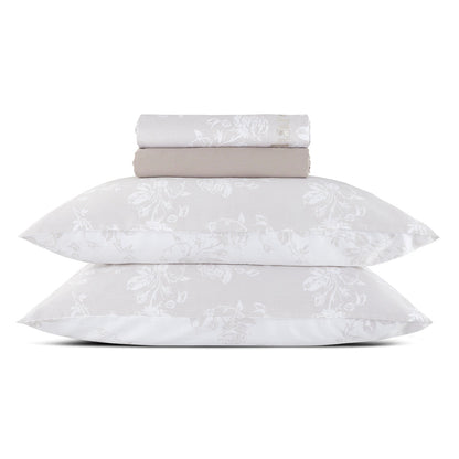 Sheet set : fitted sheet, flat sheet, pillowcase(s) in satin cotton - Roses taupe Drap plat : 230 x 290 cm Drap-housse : 170 180 x 190 200 cm