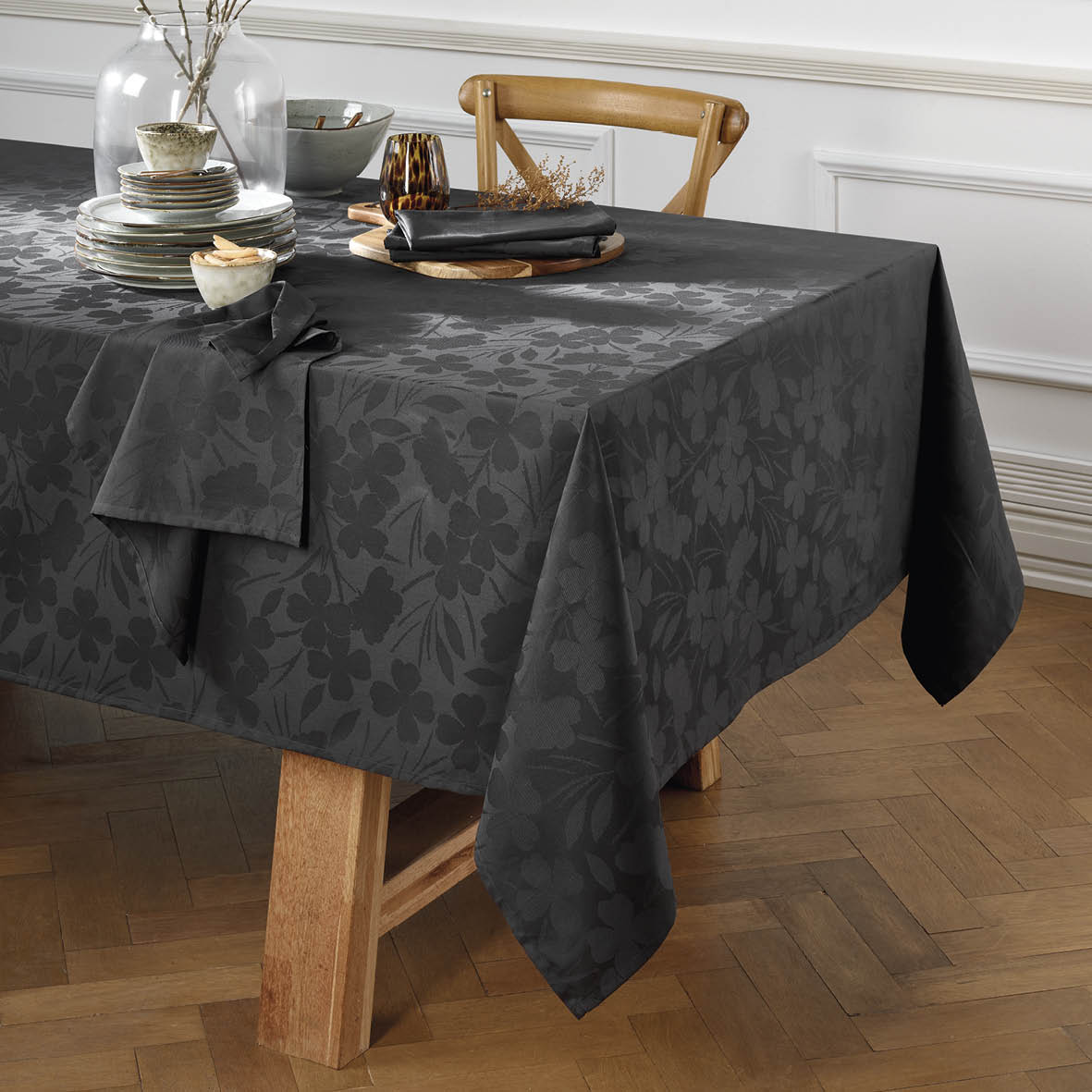 Tablecloth - Jacquard woven - Petites Fleurs dark grey