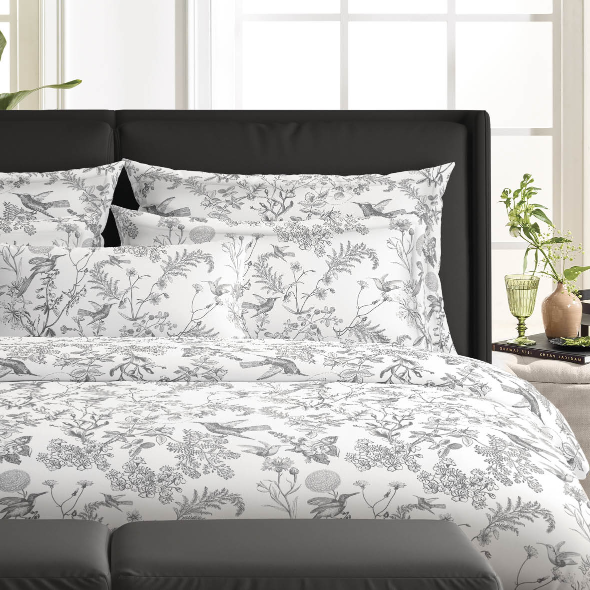 Duvet cover + pillowcase(s) cotton satin - Jardin du Colibri Black grey