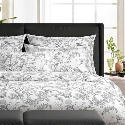 Duvet cover + pillowcase(s) cotton satin - Jardin du Colibri Black grey