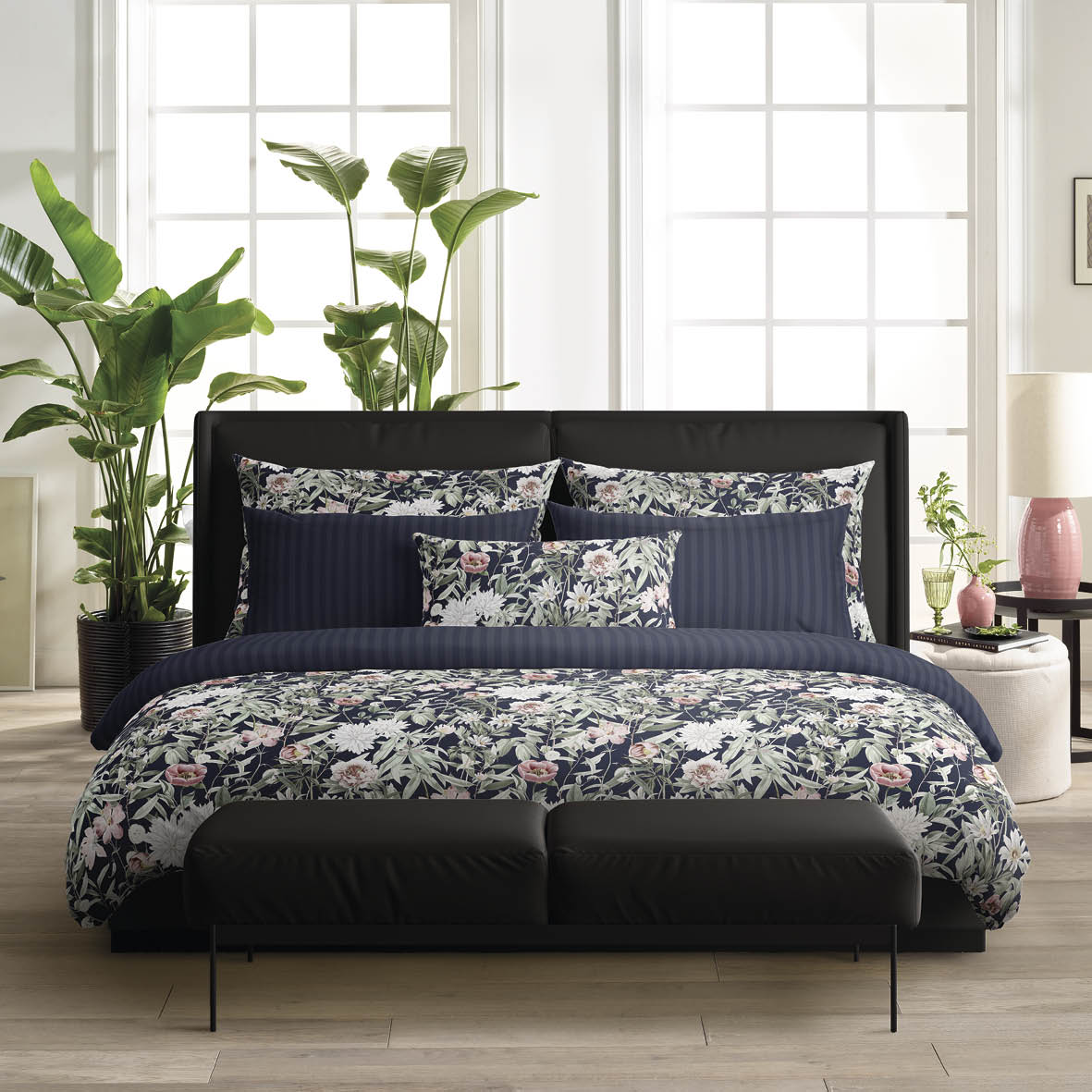 Duvet cover + pillowcase(s) cotton satin - Bouquet de nuit dark blue