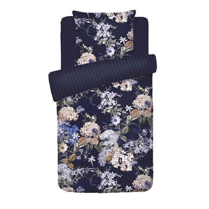 Duvet cover + pillowcase(s) cotton satin - Bouquet d'hortensias dark blue 140 x 200 cm + 63 x 63 cm