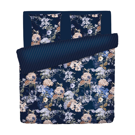 Duvet cover + pillowcase(s) cotton satin - Bouquet d'hortensias dark blue