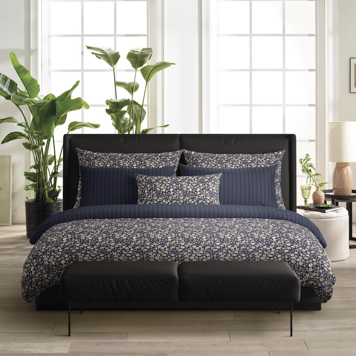 Duvet cover + pillowcase(s) cotton satin - Meadow dark blue