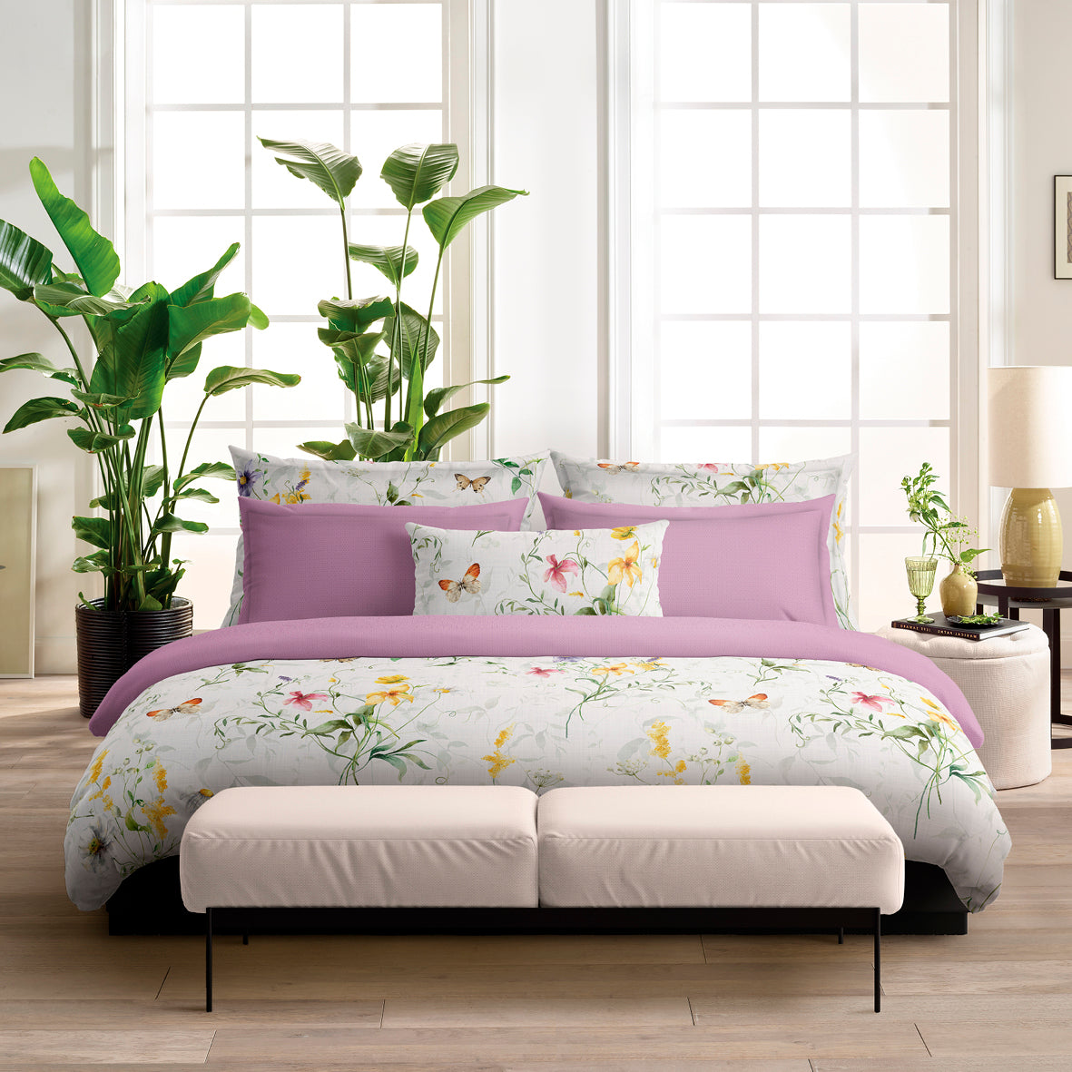 Housse de couette + taie(s) satin de coton - Prairie de fleurs sauvages Blanc