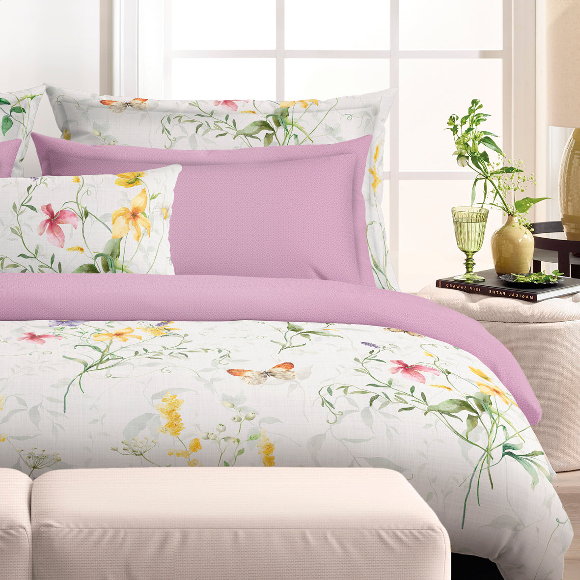 Housse de couette + taie(s) satin de coton - Prairie de fleurs sauvages Blanc