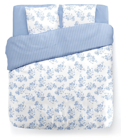 Duvet cover + 2 pillowcases linen / cotton - Roses Light blue