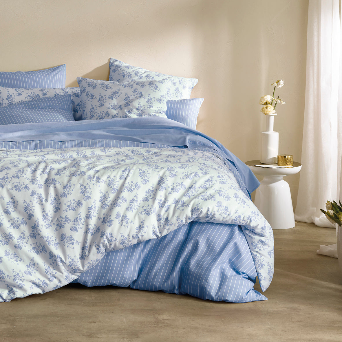 Duvet cover + 2 pillowcases linen / cotton - Roses Light blue