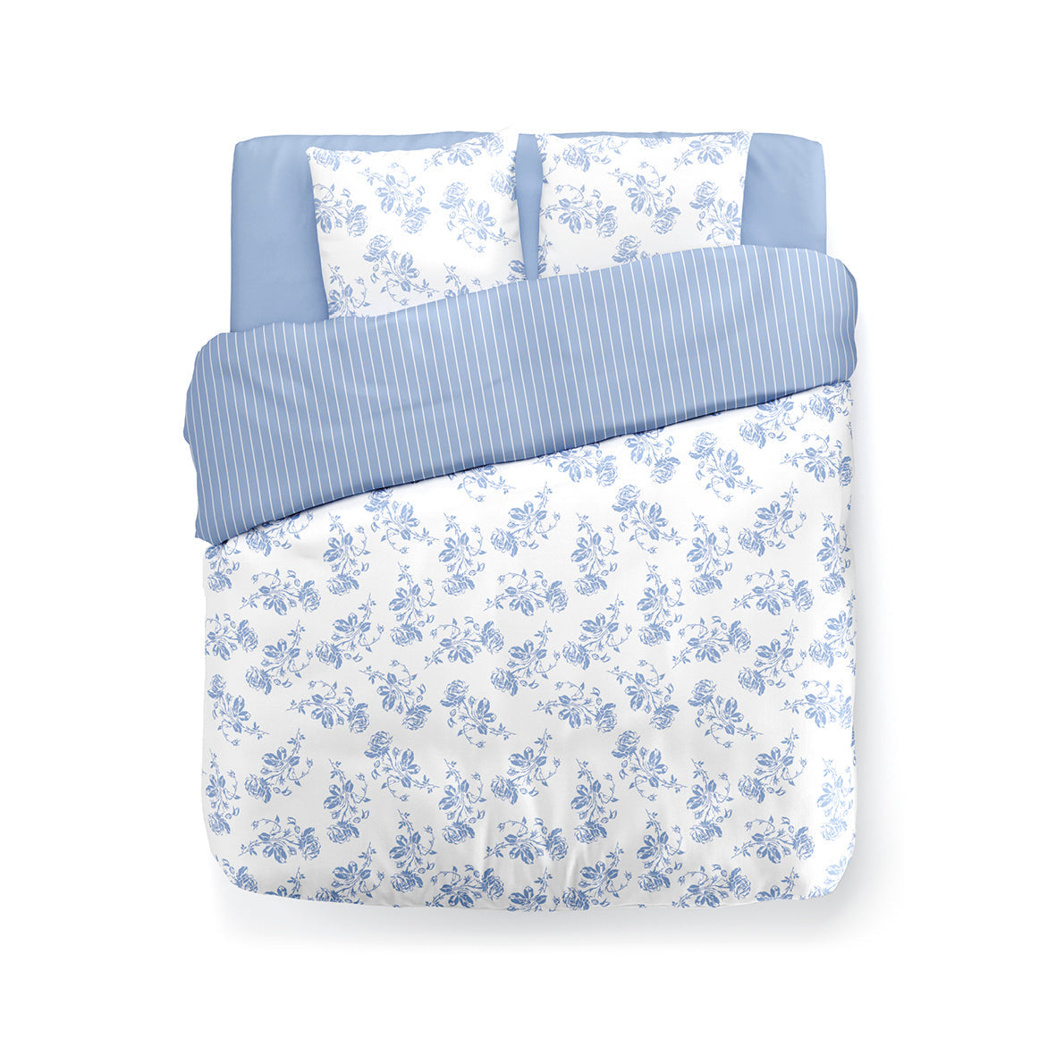 Duvet cover + 2 pillowcases linen / cotton - Roses Light blue Roses Bleu clair