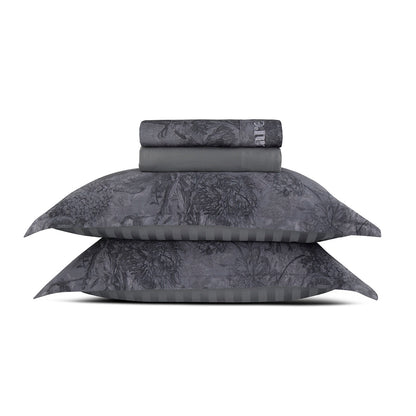 Sheet set cotton satin - Flore Black / Grey