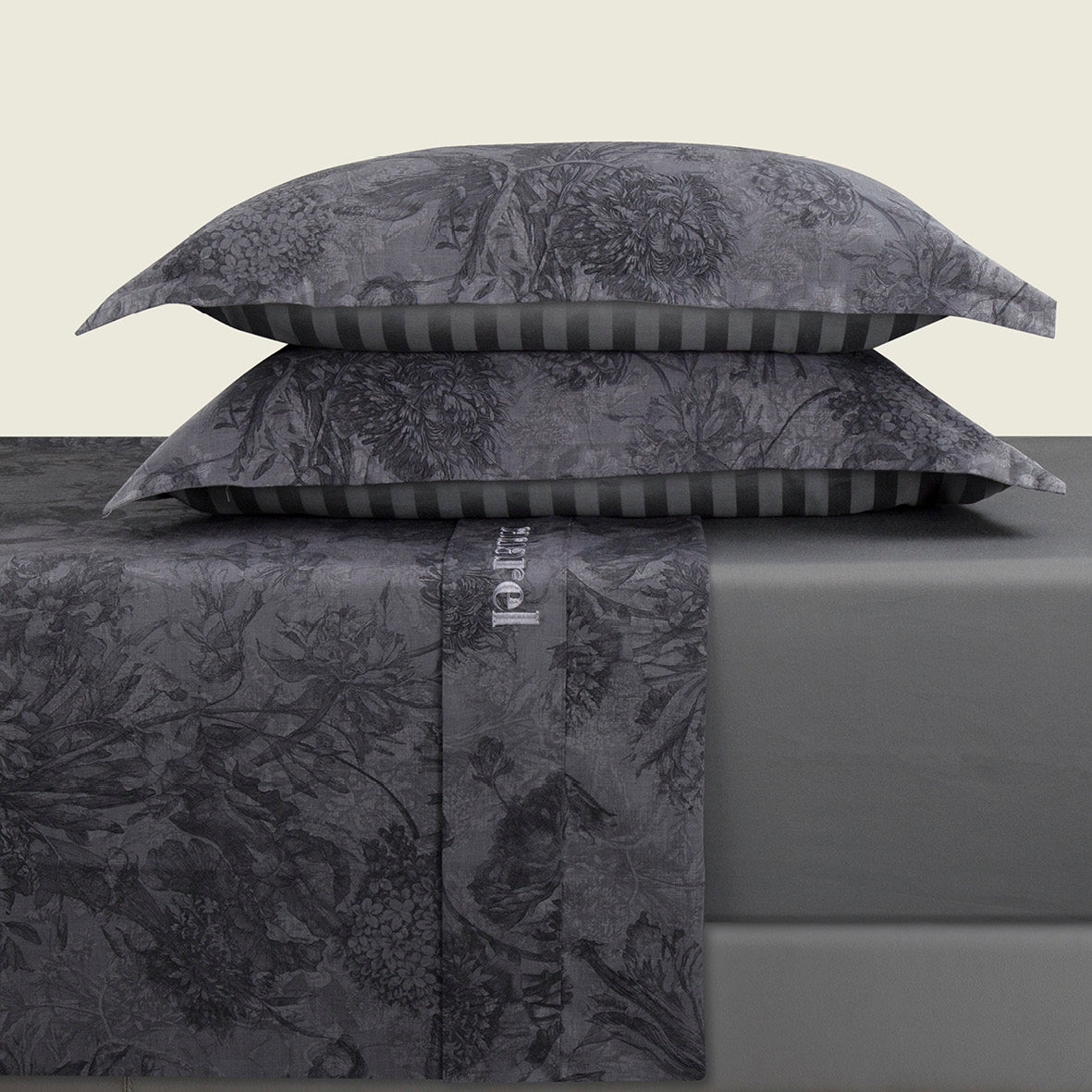 Sheet set cotton satin - Flore Black / Grey