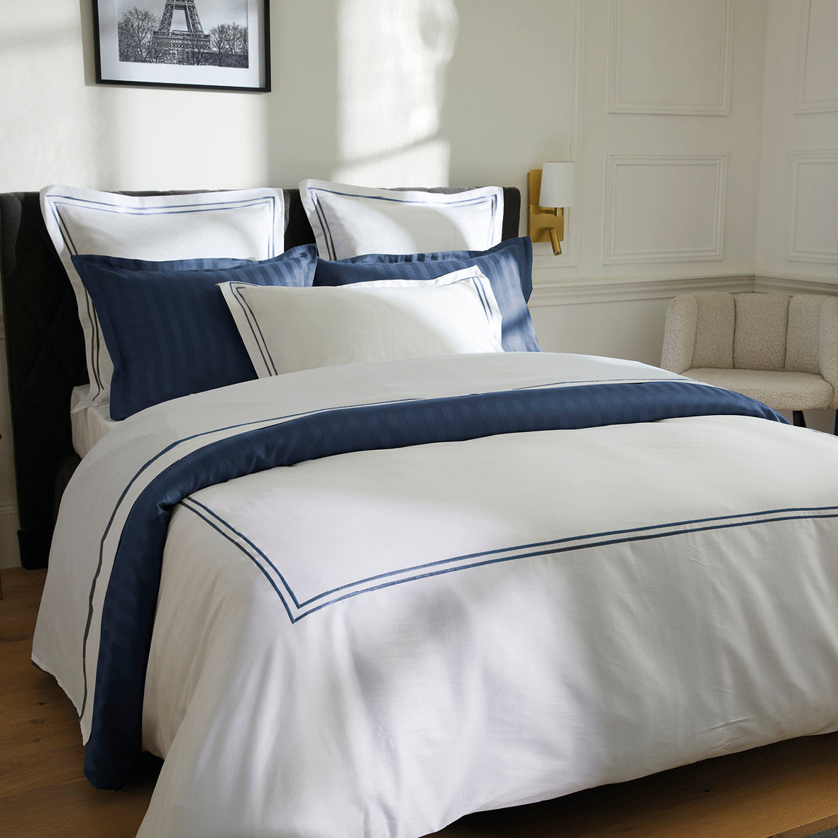 Pillowcase(s) cotton satin - La Rochelle Dark blue / White