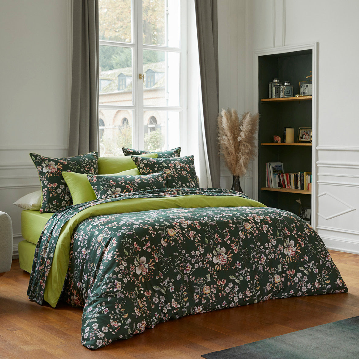 Duvet cover + pillowcase cotton satin - Jardin secret Green