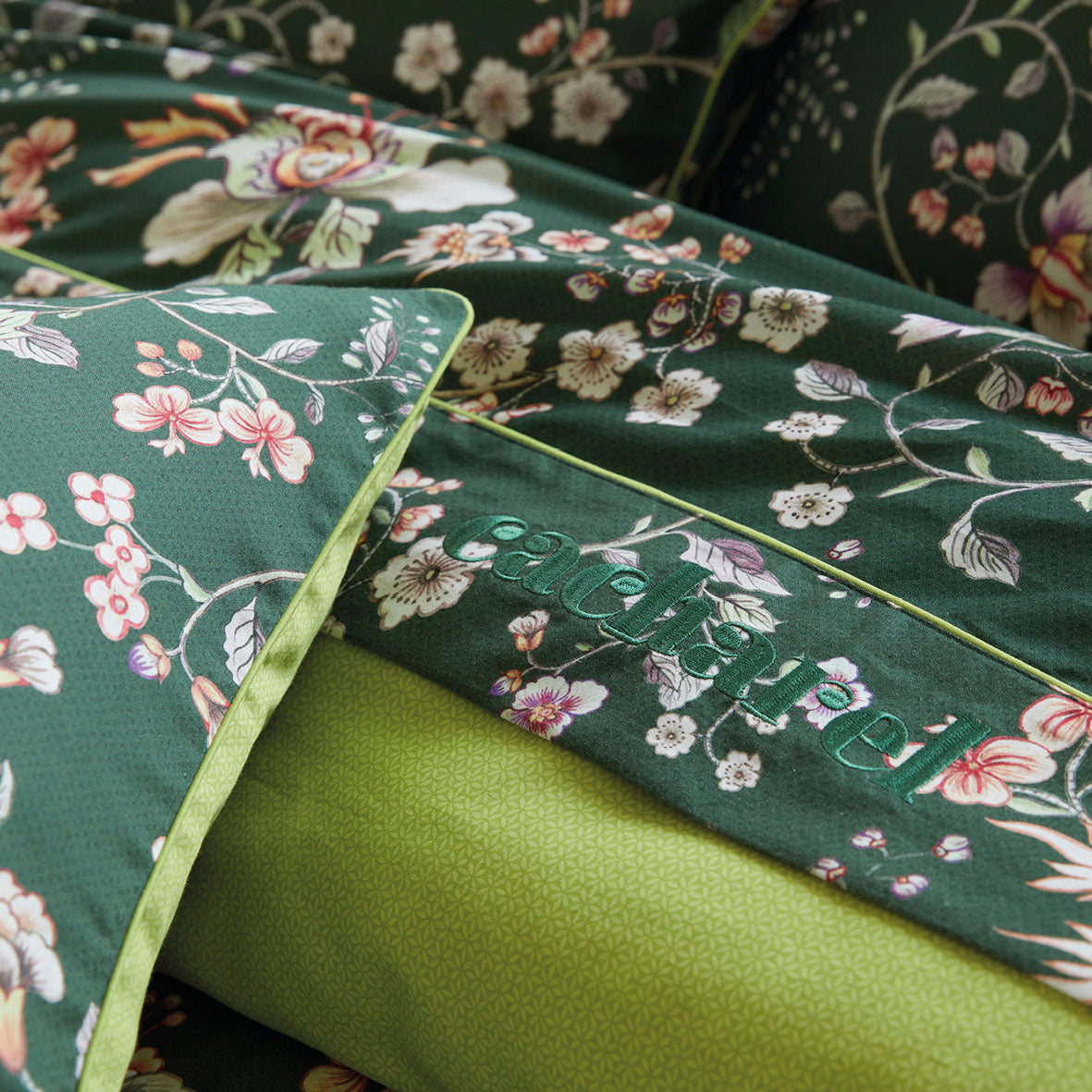 Duvet cover + pillowcase cotton satin - Jardin secret Green