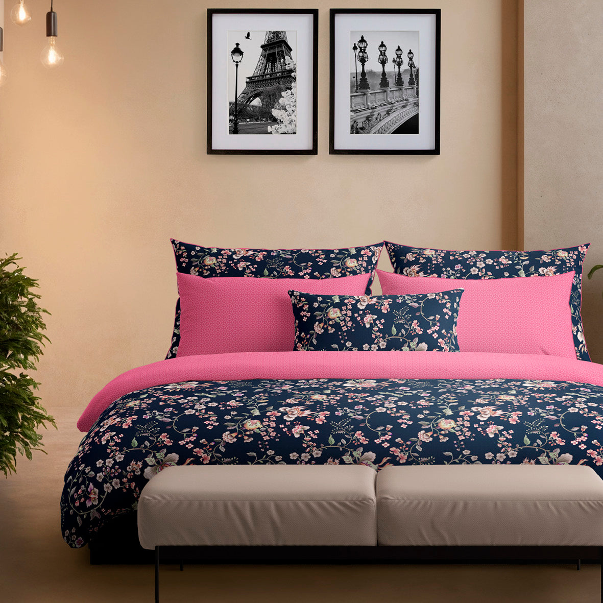 Housse de couette + taie(s) d'oreiller satin de coton - Jardin secret Bleu foncé / Rose