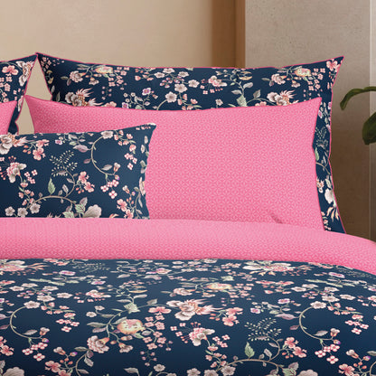 Housse de couette + taie(s) d'oreiller satin de coton - Jardin secret Bleu foncé / Rose