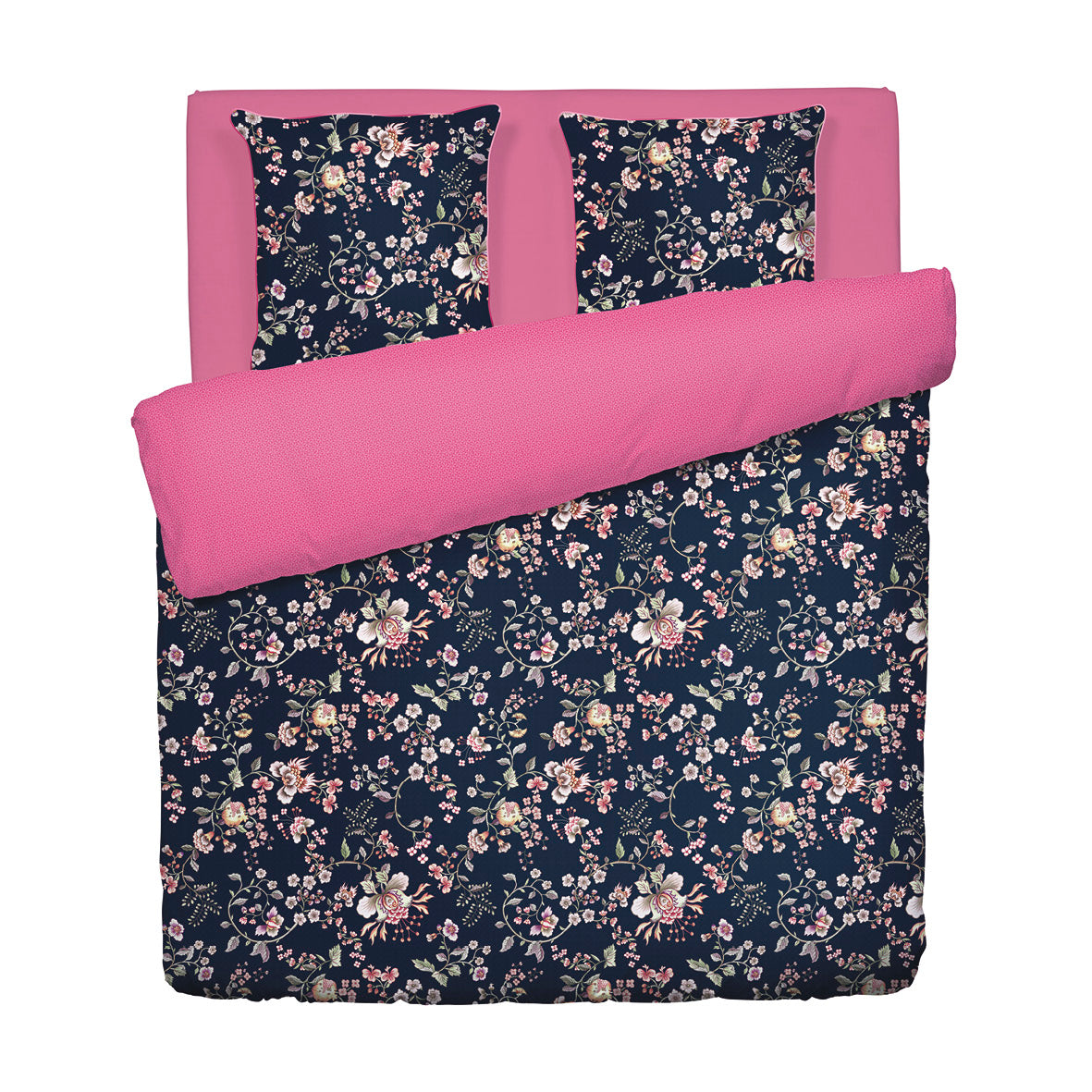 Housse de couette + taie(s) d'oreiller satin de coton - Jardin secret Bleu foncé / Rose