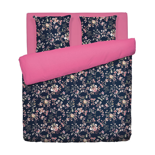 Duvet cover + pillowcase(s) cotton satin - Jardin secret Dark blue / Pink