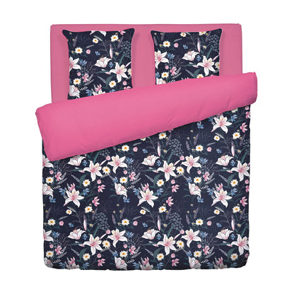 Housse de couette + taie(s) d'oreiller satin de coton - Fleur de minuit Bleu foncé / Rose