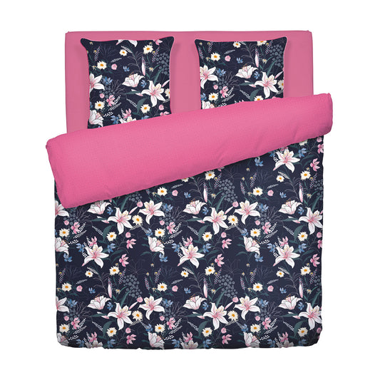 Duvet cover + pillowcase(s) cotton satin - Fleur de minuit Dark blue / Pink