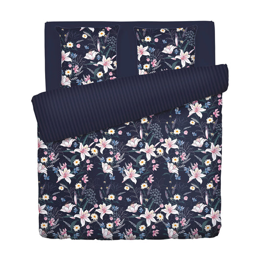 Duvet cover + pillowcase(s) cotton satin - Fleur de minuit Dark blue