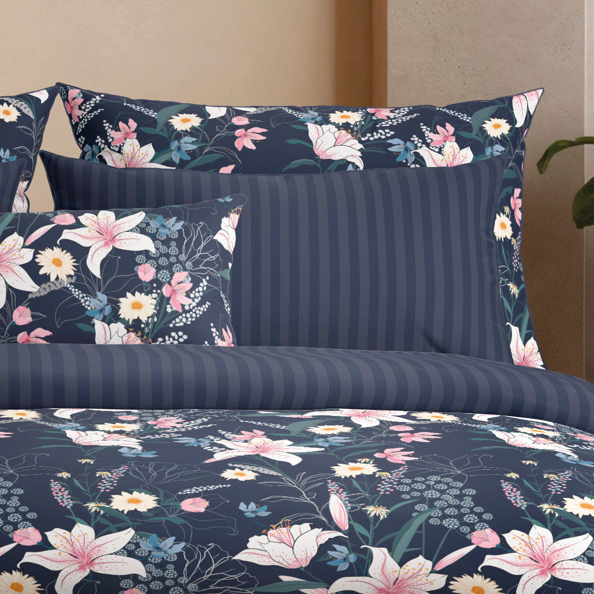 Pillowcase(s) cotton satin - Fleur de minuit Dark blue