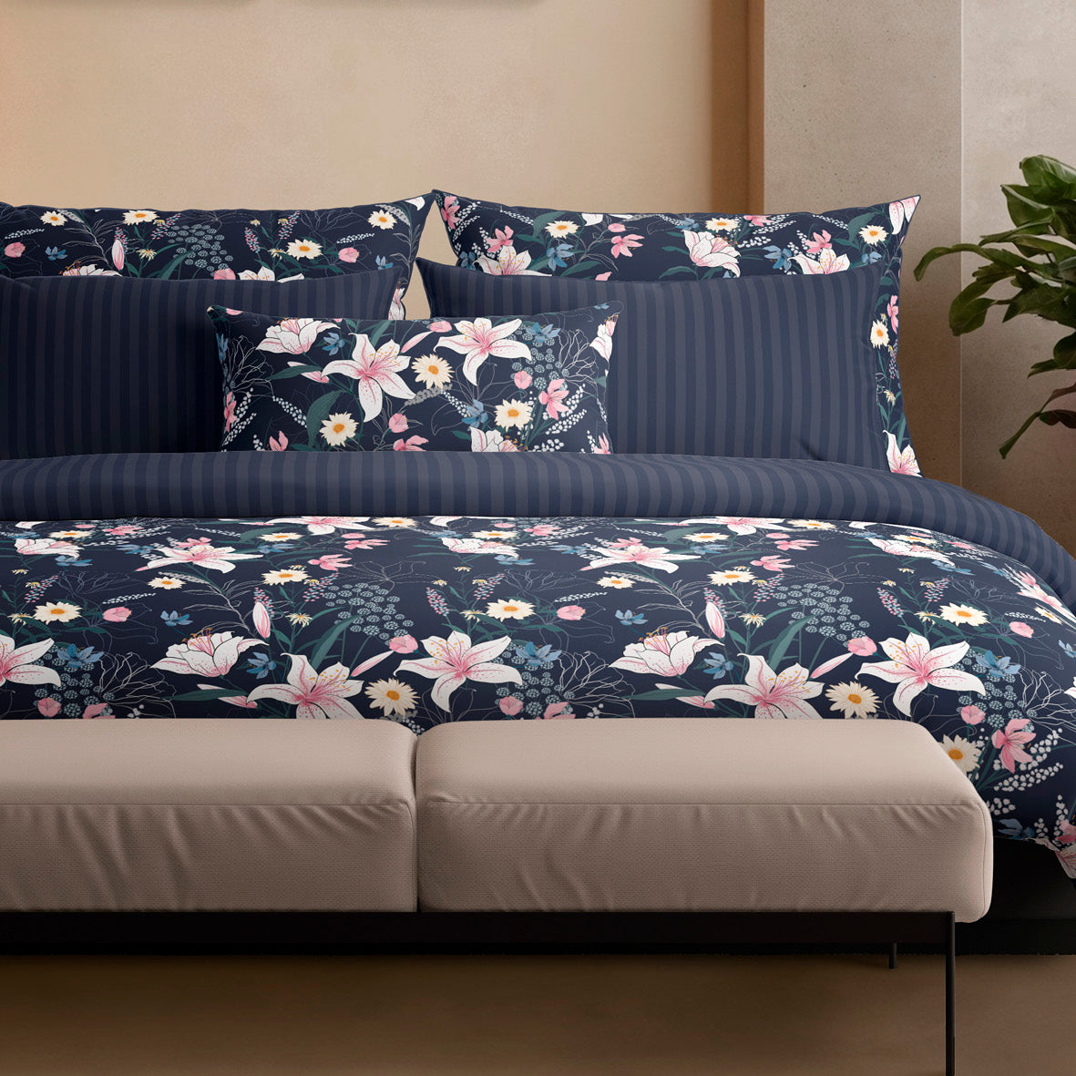 Pillowcase(s) cotton satin - Fleur de minuit Dark blue