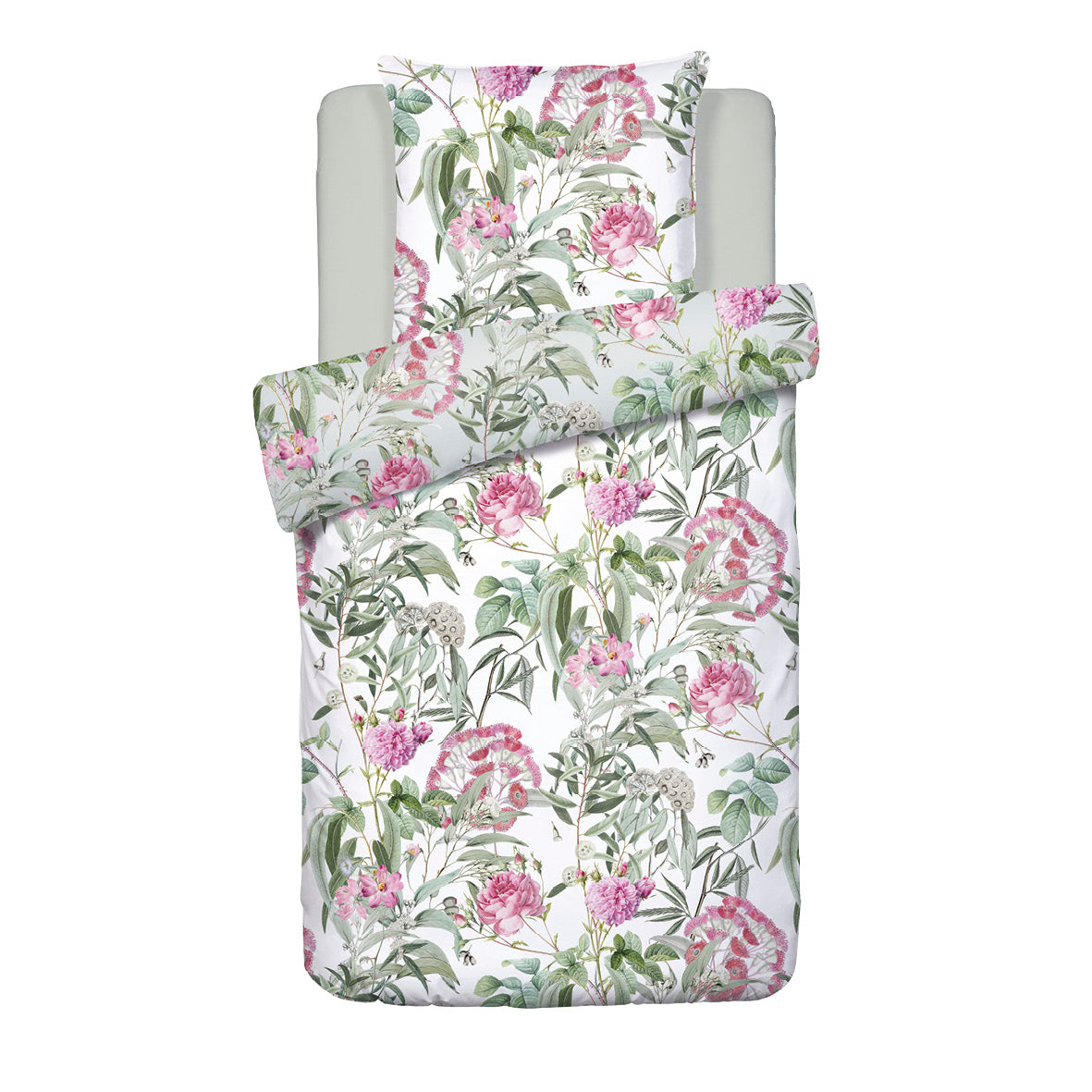 Duvet cover + pillowcase(s) cotton satin - Jardin de Roses Thyme Green / White 155 x 220 cm + 80 x 80 cm