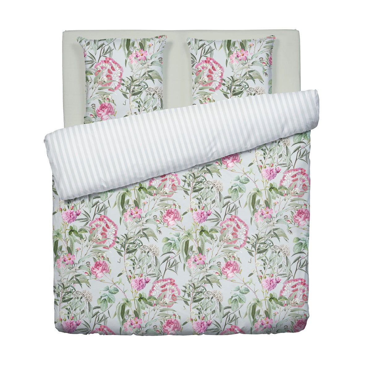 Duvet cover + pillowcase(s) cotton satin - dobby stripe Jardin de Roses Thyme Green 260 x 240 cm + 2 x (63 x 63 cm)