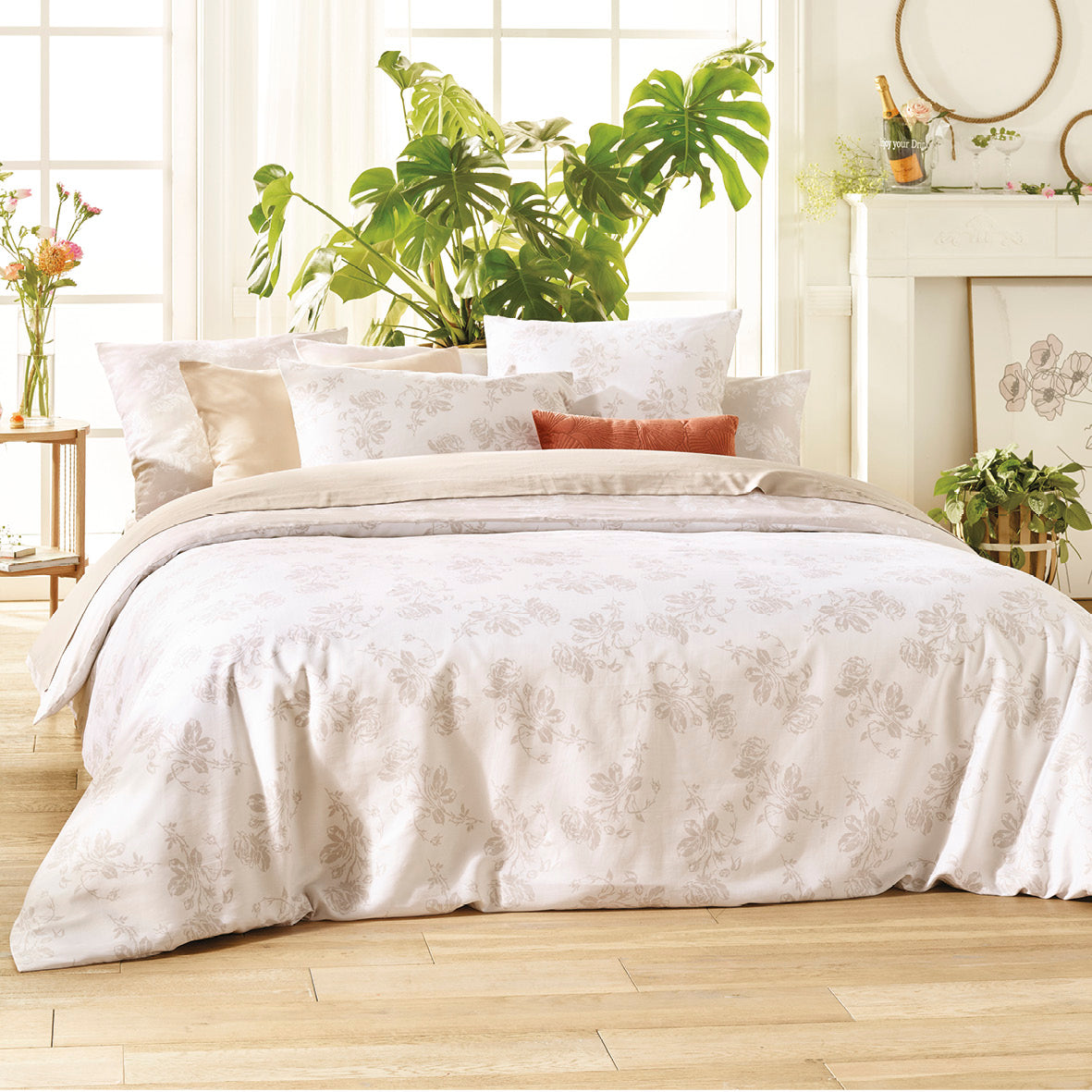 Duvet cover + pillowcase cotton satin - Roses Taupe / White