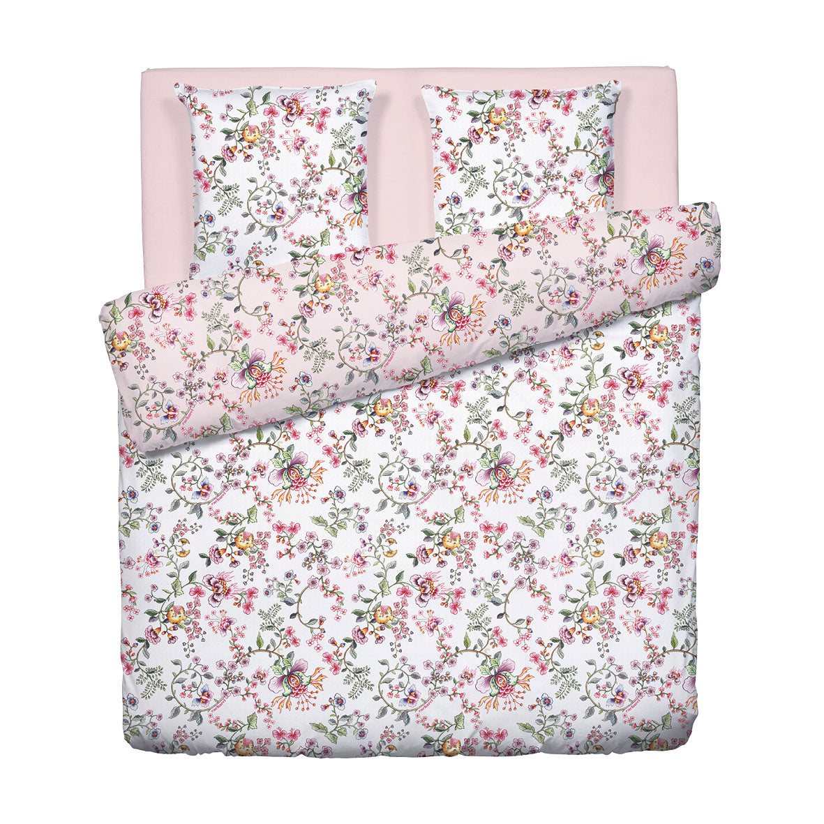 Duvet cover + pillowcase cotton satin - Jardin Secret White / Blush Pink