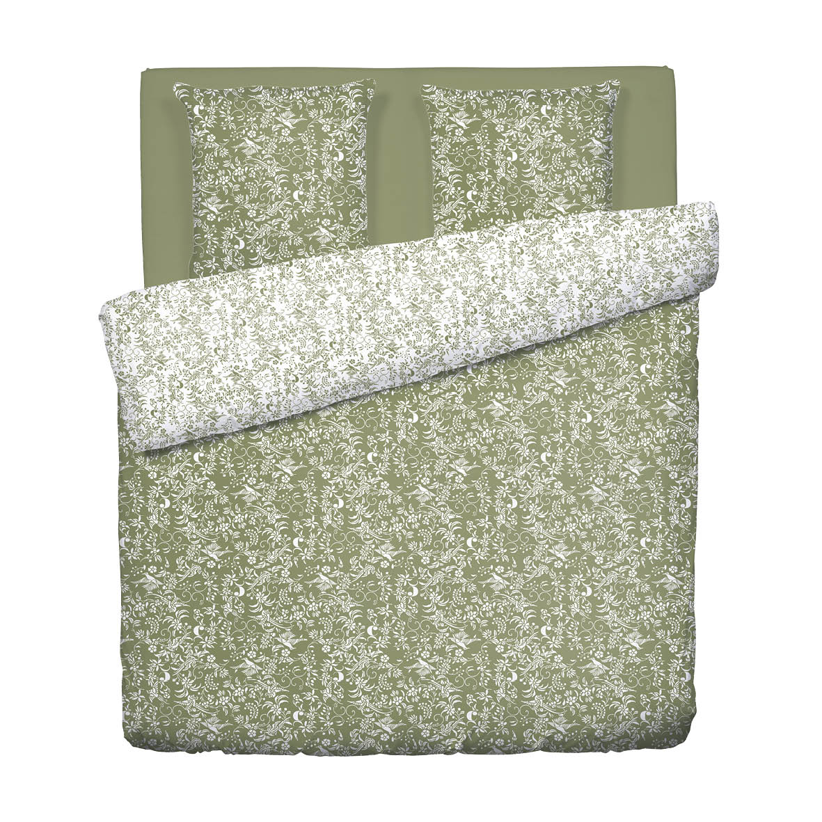 Duvet cover + pillowcase(s) cotton satin - Birds Olive green