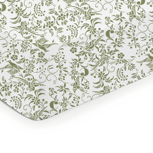 Fitted sheet cotton satin - Birds Olive green