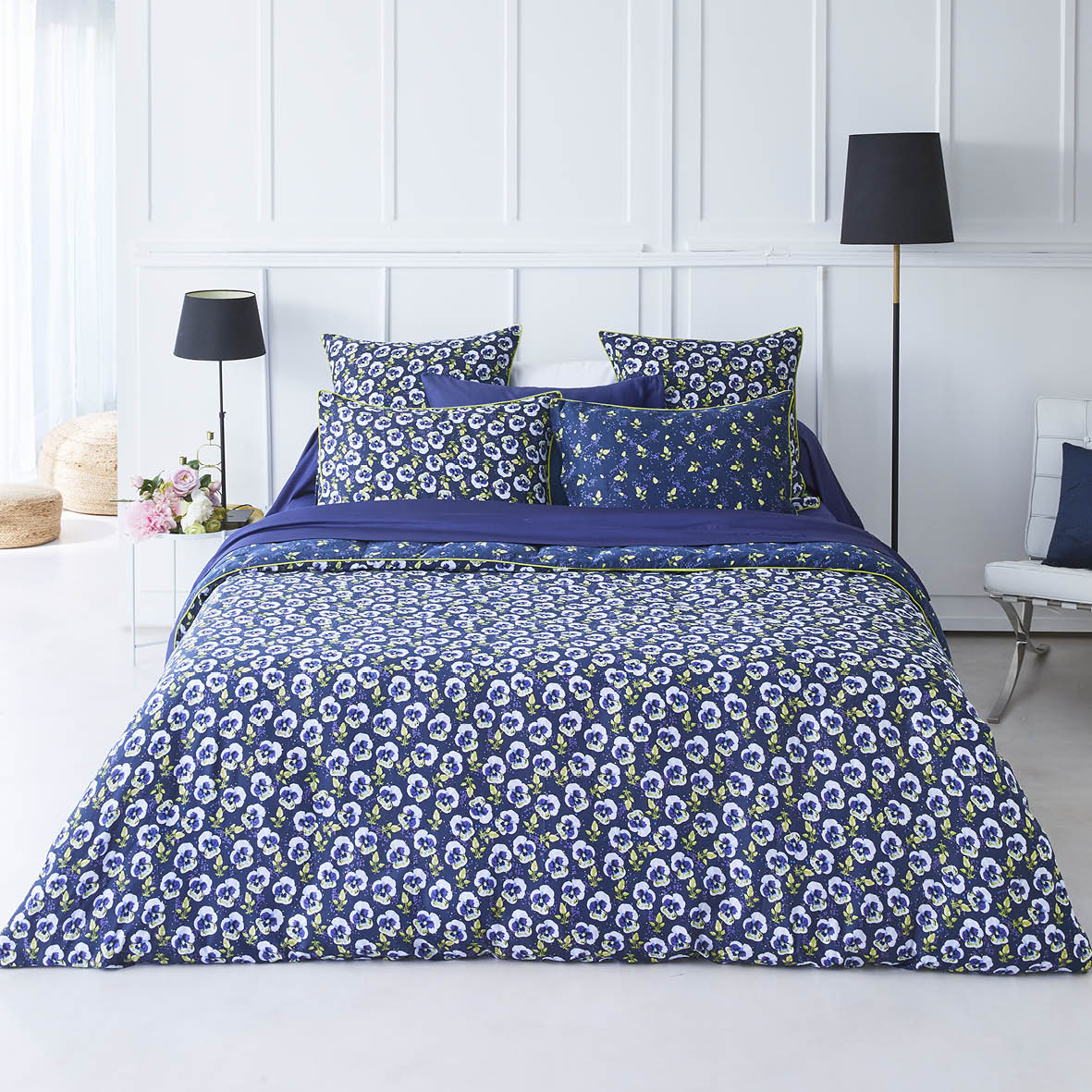 Duvet cover + pillowcase(s) cotton satin - Pansy small Dark blue