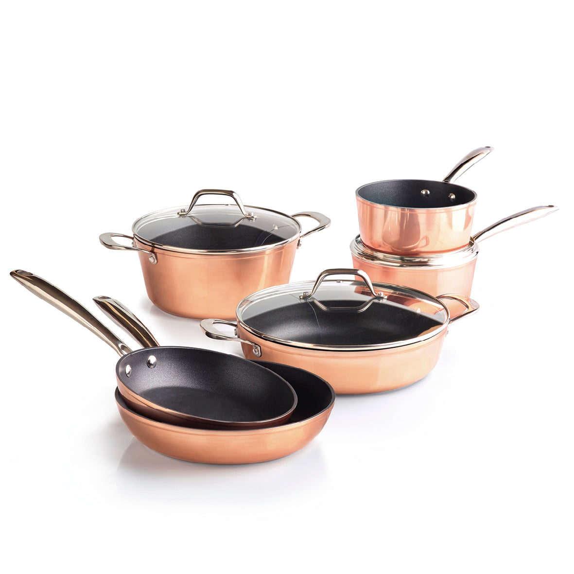 Set of 2 frypan + saucepan 16 cm + saucepan with lid + skillet with lid + casserole with lid - Copper