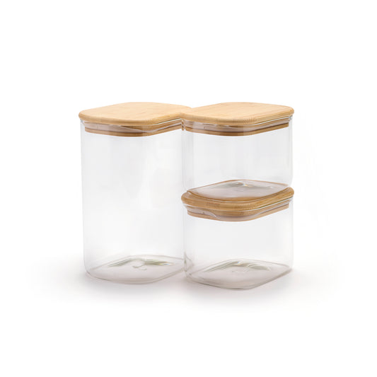 Set de 3 bocaux en verre rectangle avec couvercles en bambou - 1L + 2L