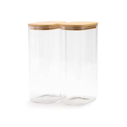 Set de 2 bocaux en verre rectangle avec couvercles en bambou - 3 L