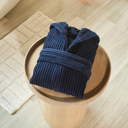 Hooded bathrobe - Rayures tissées Jacquard Dark blue