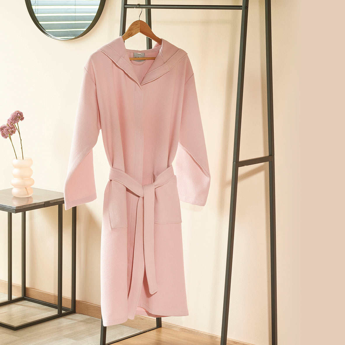 Hooded bathrobe - Nid d'abeille Pink