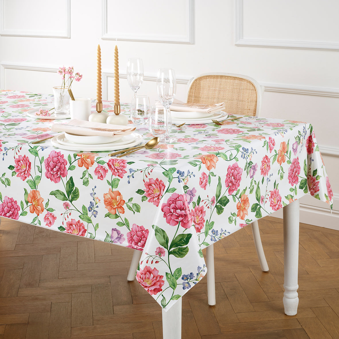 Nappe enduite anti-tache - Fleurs et feuilles Blanc