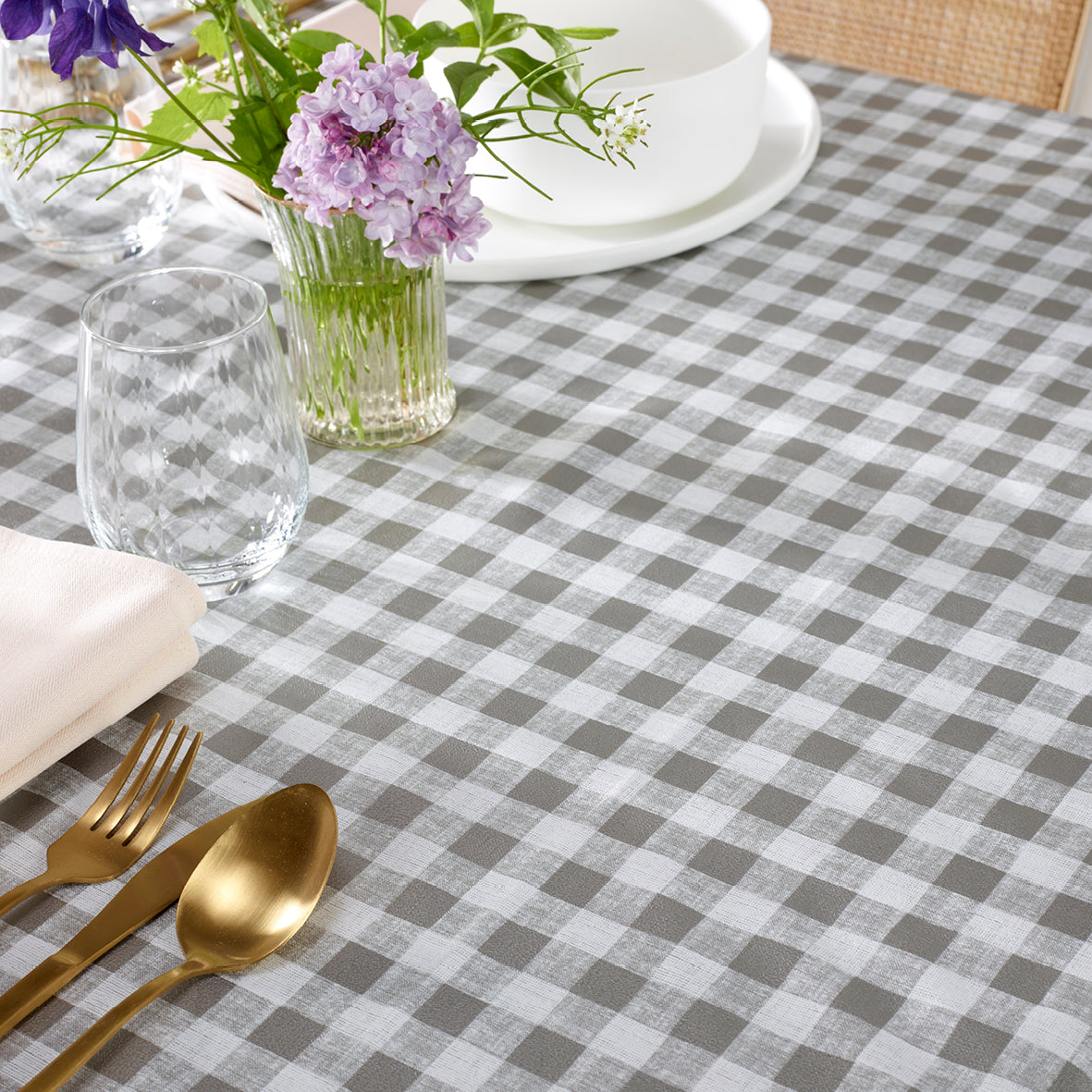 Nappe enduite anti-tache - Damier Taupe