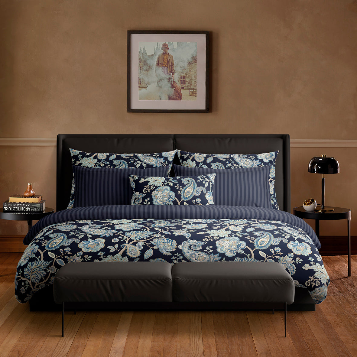 Duvet cover + pillowcase(s) cotton satin - Nuit indienne Dark blue