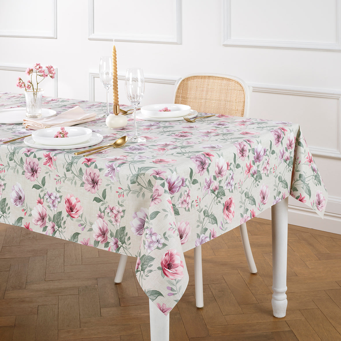 Nappe enduite anti-tache - Ode florale Gris