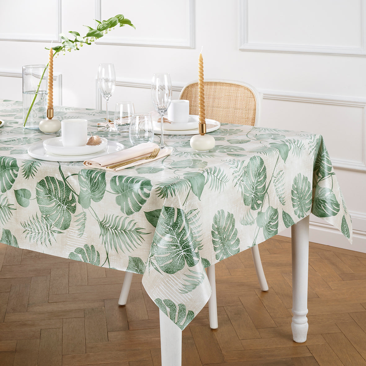 Nappe enduite anti-tache - Forêt de feuilles Taupe